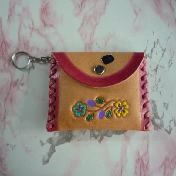 Leather Coin Pouch Keychain - Hecho En Mexico - Snap Closure- Floral Pattern - Picture 1 of 12